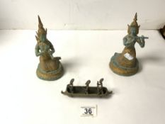 PAIR OF PAINTED IRON FIGURES OF THAI GODESS; 17 CMS, AND SMALL BRONZE OF FIGURES IN A BOAT.