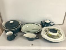 POOLE POTTERY DINNER WARE, TUREENS, TEA POT AND JUGS, AND CARLTON WARE SHAPED DISH.