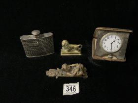 TRAVEL CLOCK IN LEATHER CASE, HIP FLASK, THE COBBLER BRASS DOOR KNOCKER, AND BRASS LION.