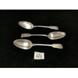 SET OF 3 GEORGE IV HALLMARKED SILVER TABLE SPOONS; LONDON 1825 - CHARLES ELEY; 225 GMS.