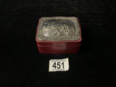 RECTANGULAR LEATHER JEWELLERY BOX WITH EMBOSSED HALLMARKED SILVER LID DECORATED WITH FIGURES, LONDON
