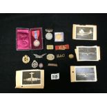 FAITHFULL SERVICE MEDAL IN BOX, MILITARY BADGES BUTTONS ETC.