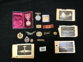 FAITHFULL SERVICE MEDAL IN BOX, MILITARY BADGES BUTTONS ETC.