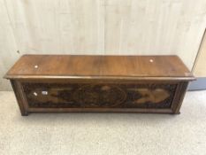 ANTIQUE WOODEN OTTOMAN/CHEST WITH FINE FRETWORK FRONT 138 X 42 X 37CM