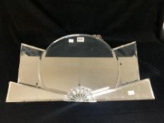 A 1930s ART DECO BEVELLED FAN SHAPED WALL MIRROR, WITH CHROME DECORATIPON, 69CM