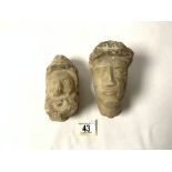 TWO ANTIQUE CARVED MARBLE HEADS; 16 CMS.