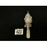 EDWARDIAN HALLMARKED SILVER CHILD'S RATTLE WITH EMBOSSED FATHER CHRISTMAS AND SACK OF TOYS FLANKED