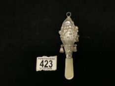 EDWARDIAN HALLMARKED SILVER CHILD'S RATTLE WITH EMBOSSED FATHER CHRISTMAS AND SACK OF TOYS FLANKED