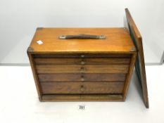 VINTAGE ENGLISH OAK FIVE DRAWER MODEL MAKERS TOOLBOX WITH LOCKABLE KEY WITH CONTENTS