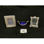 TWO HALLMARKED SILVER PHOTO FRAMES AND A NORWEGIAN SILVER LONGBOAT CONDIMENT.