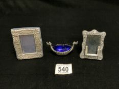 TWO HALLMARKED SILVER PHOTO FRAMES AND A NORWEGIAN SILVER LONGBOAT CONDIMENT.