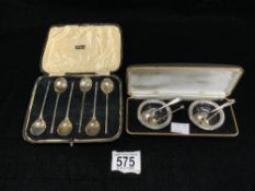 SET OF 6 HALLMARKED SILVER COFFEE SPOONS IN CASE, AND PAIR GLASS SALTS AND 4 SILVER CONDIMENT