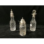 SILVER TOP SIFTER BOTTLE AND 2 OTHER SILVER TOP BOTTLES.