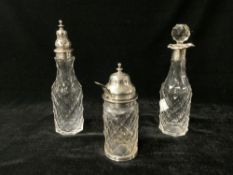 SILVER TOP SIFTER BOTTLE AND 2 OTHER SILVER TOP BOTTLES.