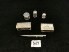 A HALLMARKED SILVER PENCIL, 2 SILVER TOP JARS, SILVER MATCHBOX HOLDER AND SILVER PEPPER.