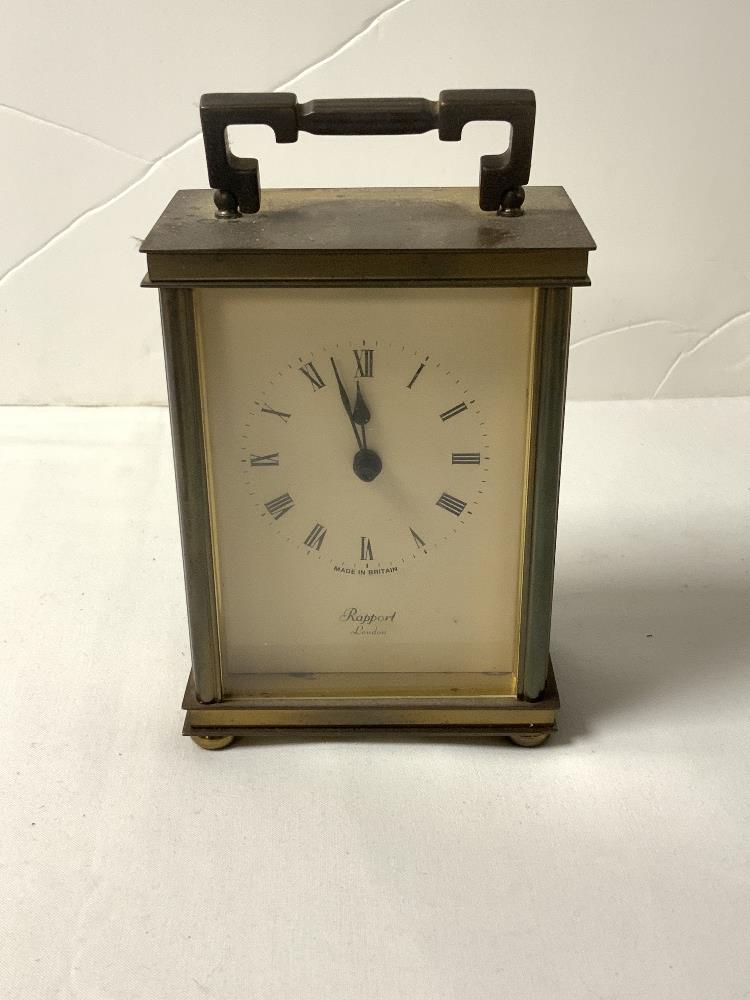 A BRASS QUARTZ CARRIAGE CLOCK BY RAPPORT - LONDON, AND A WEATHERMASTER BAROMETER. - Image 3 of 4