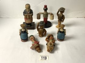 PAINTED WOODEN NOVELTY BOTTLE STOPS, PAINTED BAR TENDER BOTTLE OPENER AND 3 OTHERS.