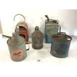 VINTAGE ALADDIN PINK PARAFIN CAN, OTHER VINTAGE OIL CANS AND WORKMANS ROAD LAMP.