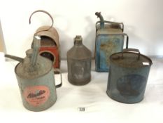 VINTAGE ALADDIN PINK PARAFIN CAN, OTHER VINTAGE OIL CANS AND WORKMANS ROAD LAMP.