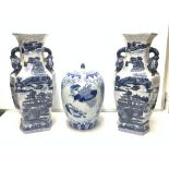 TWO BLUE AND WHITE IRONSTONE CHINESE STYLE VASES 48CM WITH A CHINESE BLUE AND WHITE GINGER JAR 32CM