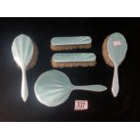 HALLMARKED SILVER ENGINE TURNED TURQUOISE ENAMEL 5 PIECE DRESSING TABLE SET; BIRMINGHAM 1931;