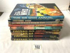 NINE 1970s SCI-FI ANNUALS; STINGRAY, UFO, DR WHO AND FIREBALL XL5.
