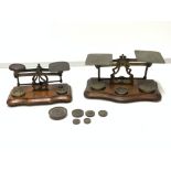 TWO SETS OF VICTORIAN BRASS POSTAL SCALES WITH WEIGHTS LARGEST 20CM