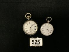 TWO VICTORIAN HALLMARKED SILVER POCKET WATCHES; 1 WITH CRACKED GLASS.