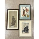 THREE ANTIQUE WATERCOLOURS INCLUDES ON SILK LARGEST 70 X 41CM ALL FRAMED AND GLAZED
