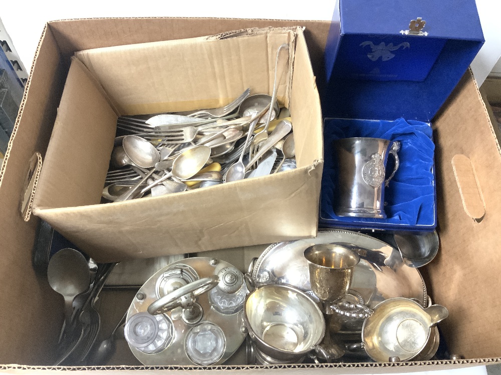 QUANTITY OF SILVER-PLATED WARE INCLUDES CRUET, ENTRE DISH AND CASED AND LOOSE CUTLERY.