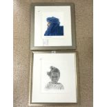 DEREK GOLLEDGE SIGNED PENCIL DRAWING OF A CHILD WITH A PENCIL AND WATERCOLOUR DRAWING OF A EASTERN