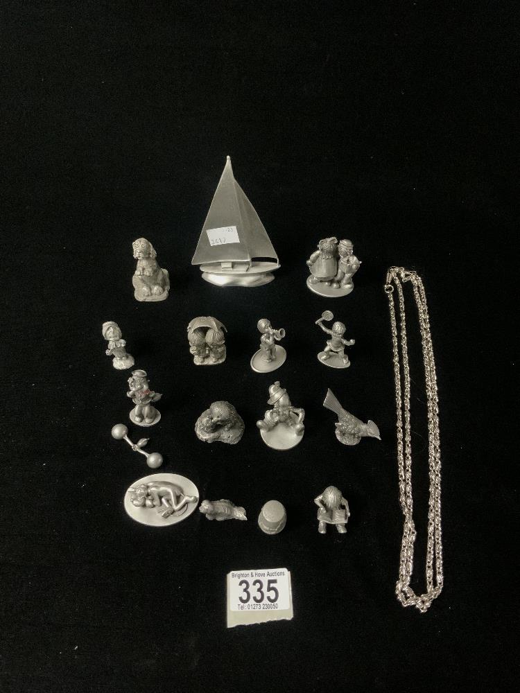 THIRTEEN MINATURE PEWTER FIGURES, SOME OF DISNEY CHARACTERS AND PEWTER MODEL OF SAILING BOAT.