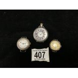 A 935 SILVER FOB WATCH AND TWO 925 SILVER LADIES WRIST WATCHES.