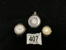 A 935 SILVER FOB WATCH AND TWO 925 SILVER LADIES WRIST WATCHES.