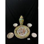 CHINESE FAMILLE ROSE CHARGER, A/F, 31 CMS, CHINESE YELLOW GROUND CHARGER, CHINESE YELLOW GROUND VASE