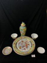 CHINESE FAMILLE ROSE CHARGER, A/F, 31 CMS, CHINESE YELLOW GROUND CHARGER, CHINESE YELLOW GROUND VASE