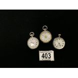 THREE VICTORIAN 925 SILVER ENGRAVED LADIES FOB WATCHES.