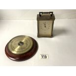 A BRASS QUARTZ CARRIAGE CLOCK BY RAPPORT - LONDON, AND A WEATHERMASTER BAROMETER.