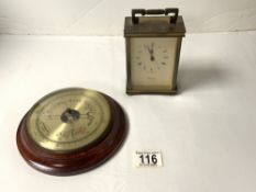 A BRASS QUARTZ CARRIAGE CLOCK BY RAPPORT - LONDON, AND A WEATHERMASTER BAROMETER.