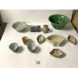 A CHINESE GREEN GLAZED BRINJAL; A/F AND OTHER CHINESE BOWLS AND BOX.