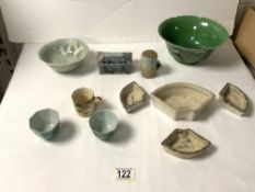 A CHINESE GREEN GLAZED BRINJAL; A/F AND OTHER CHINESE BOWLS AND BOX.