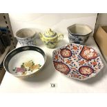 IMARI PORCELAIN HEXAGONAL CHARGER, 31CM ORIENTAL PORCELAIN CIRCULAR BOWL, CHINESE TEAPOT AND TWO