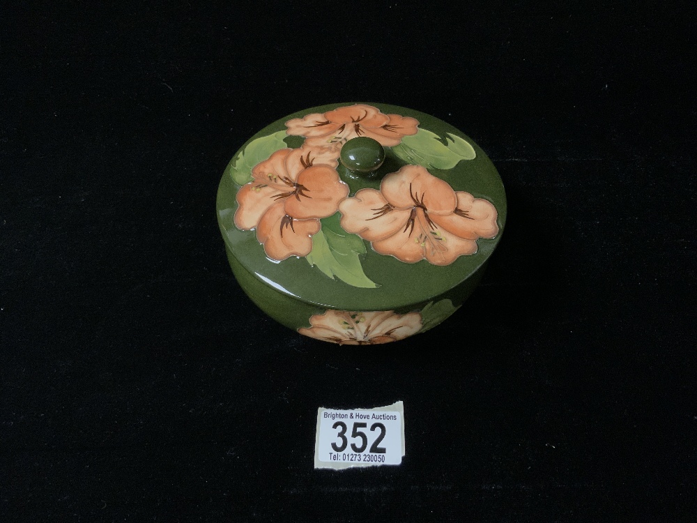 MOORCROFT GREEN HIBISCUS BOWL AND COVER, WITH ORIGINAL PAPER LABELS, 15X7 CMS.