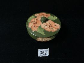 MOORCROFT GREEN HIBISCUS BOWL AND COVER, WITH ORIGINAL PAPER LABELS, 15X7 CMS.