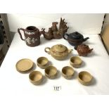 CHINESE YIXING CLAY TEA POT [ NO LID ], ANOTHER SMALLER; LIGHT BROWN; YIXING TEA SET AND TWO