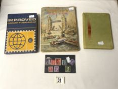 THREE STAMP ALBUMS; GB, GERMAN AND OTHER AND 8 ADOLF HITLER STAMPS.