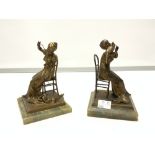 PAIR OF 19TH-CENTURY FRENCH GILT BRONZE FIGURES OF SEATED LADIES ON GREEN ONYX BASES (ONE MISSING
