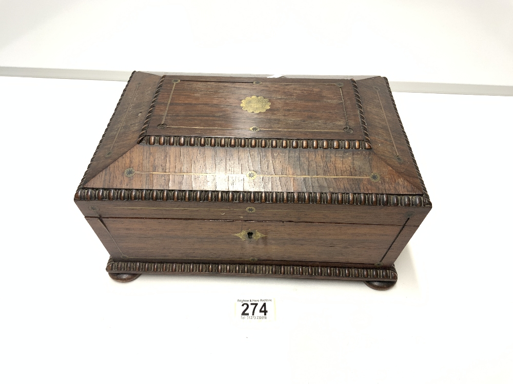 REGENCY ROSEWOOD AND BRASS INLAID SARCOPHAGUS SHAPED JEWELLERY BOX WITH GADROONED BORDERS,THE PINK - Image 2 of 4