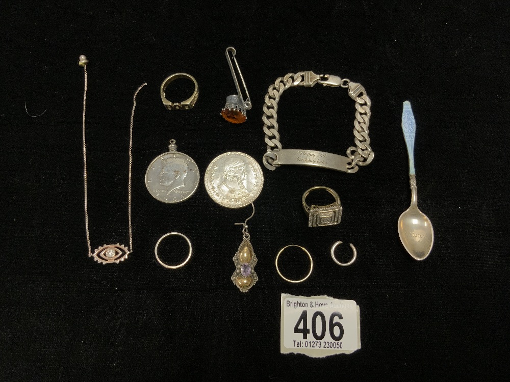 THREE HALLMARKED SILVER RINGS, SILVER IDENTITY BRACELET AND OTHER ITEMS.