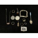 THREE HALLMARKED SILVER RINGS, SILVER IDENTITY BRACELET AND OTHER ITEMS.